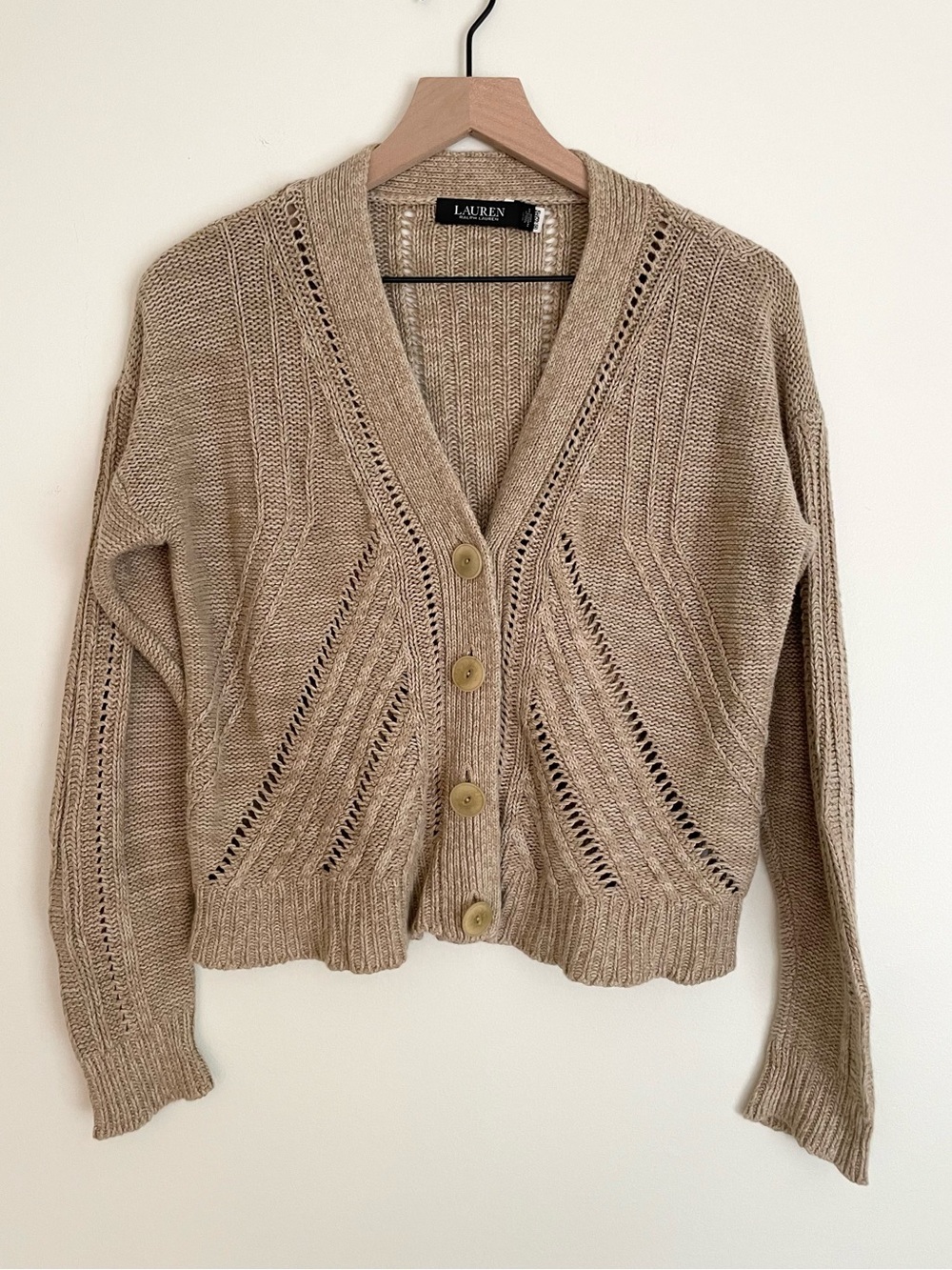 Lauren Ralph Lauren Beige Openwork V-Neck Button Cardigan